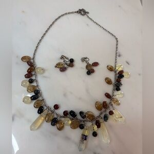Mixed Gemstone Necklace Earring Set Jasper Agate Crystal Drop Boho Artisan